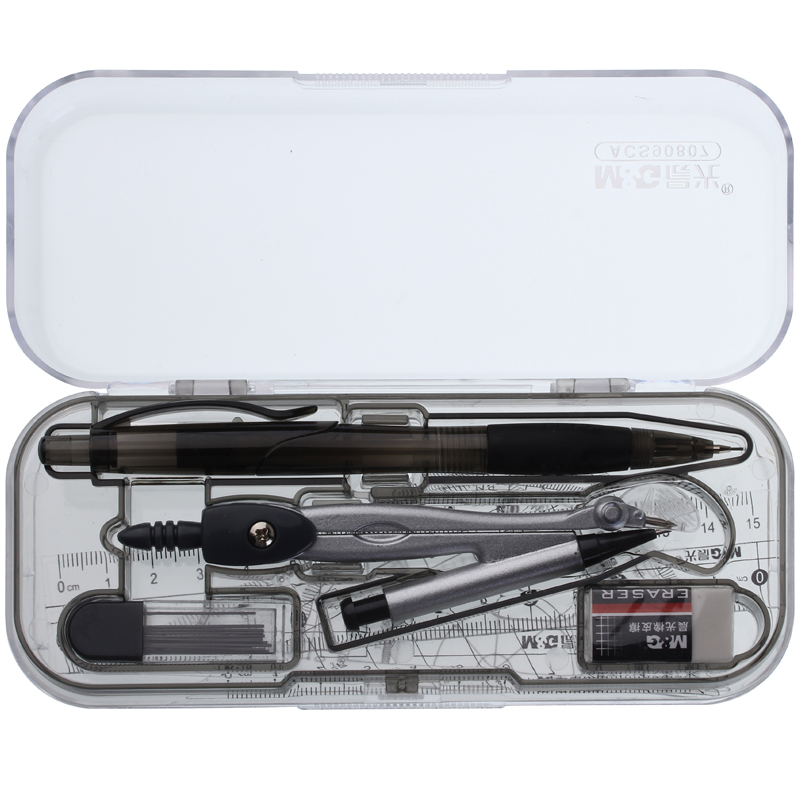 晨光（M&G） ACS90807 透明圆规套装 八件套 （单位：套） 金属圆规+直尺+三角尺*2+量角器+自动铅笔+替芯+橡皮+收纳盒 