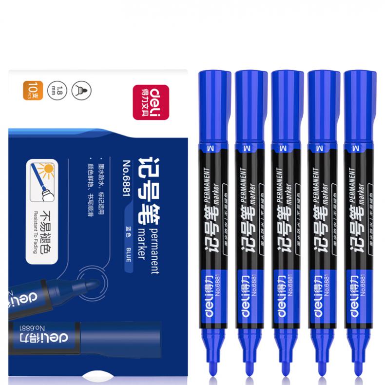 得力（deli） 6881 思达单头油性记号笔 细1.3mm*粗1.9mm 10支/盒 （单位：盒）  蓝色