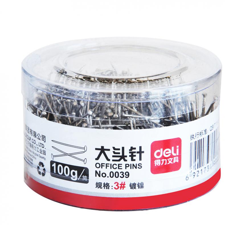 得力（deli） 0039 3#镀镍大头针 27mm 100g/筒 （单位：筒）  