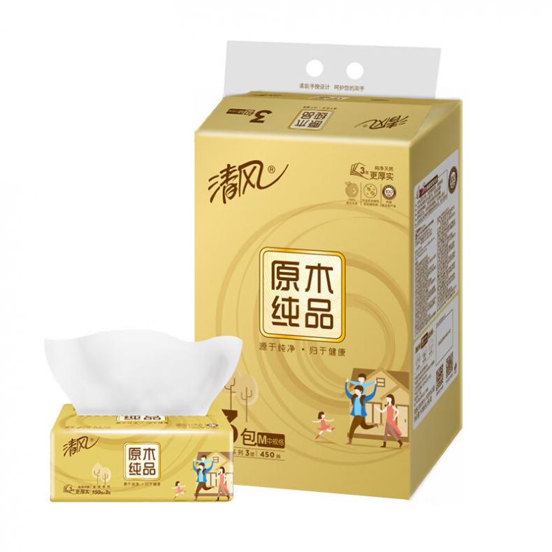 清风（APP) BR36MJ 原木纯品金装抽纸 3层150抽/包 3包/提（单位：提）