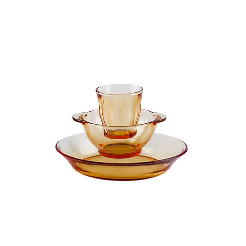 艾逸瑶选 CJ-21131 铂萃系列高硼硅玻璃餐具3件套 5.5寸双耳碗/7寸盘/270ml九棱杯 （单位：套） 新老包装随机 琥珀色