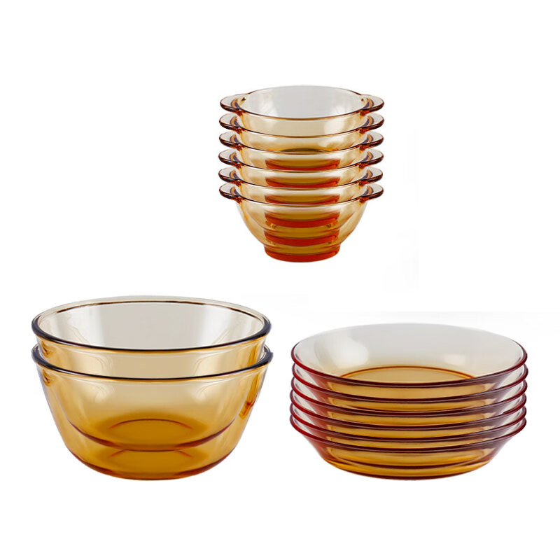 艾逸瑶选 CJ-21137 铂萃系列高硼硅玻璃餐具14件套A 5.5寸双耳碗*6/7寸盘*6/1.6L多用碗*2 （单位：套）  琥珀色