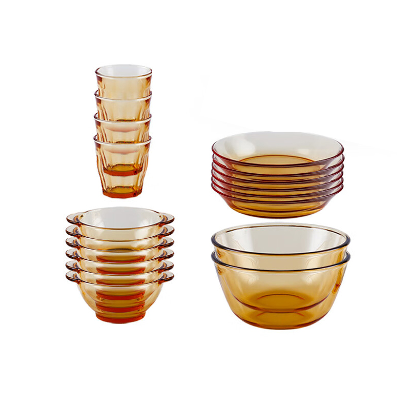 艾逸瑶选 CJ-21139 铂萃系列高硼硅玻璃餐具18件套 5.5寸双耳碗*6/7寸盘*6/270ml九棱杯*4/1.6L多用碗*2 （单位：套）  琥珀色