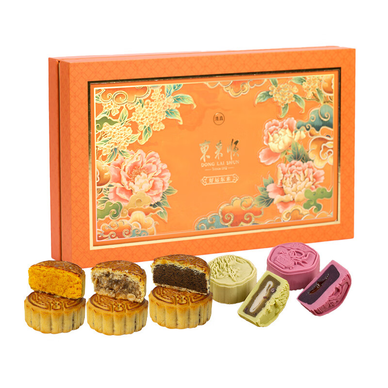 东来顺 好运东来 月饼礼盒 640g （单位：盒） 广式金沙奶黄月饼80g*2+广式清真五仁月饼80g*2+广式陈皮豆沙月饼80g*2+桃山皮抹茶红豆麻薯流心月饼80g+桃山皮紫薯奶黄流心月饼80g*1