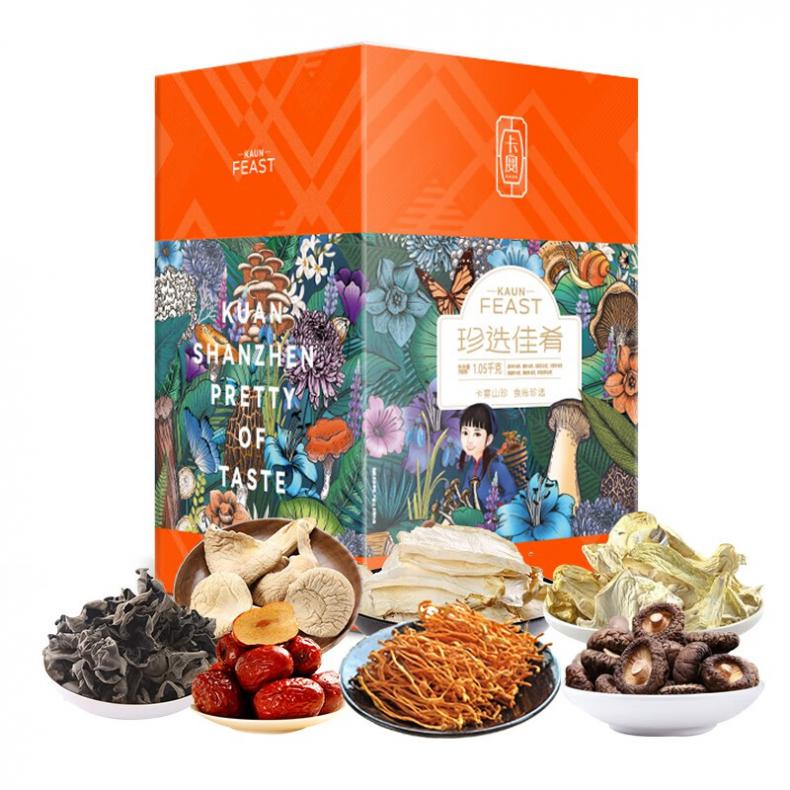 卡宴 珍选佳肴 干菌礼盒 1050g （单位：盒） 白灵菇100g+鲍鱼菇150g+杏鲍菇150g+若羌灰枣350g+黑木耳100g+精选香菇100g+虫草花100g 