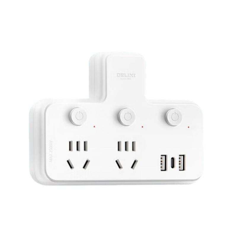 德力西 CD98Z-B3K2X2A1C/P 品字形转换插座 分控一转五 二位五孔+2个usb+TYPE-C （单位：个）  白色