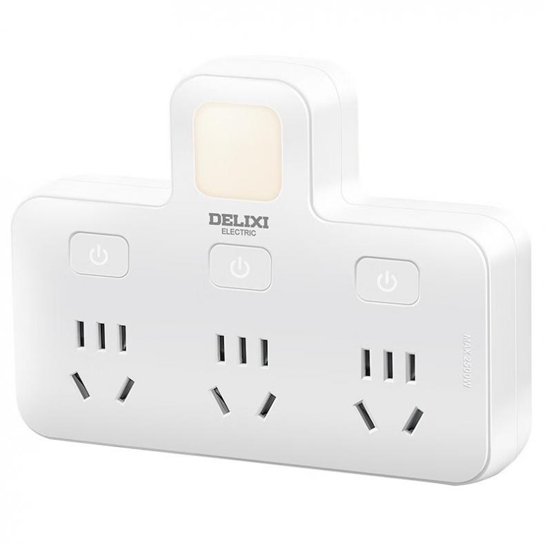 德力西 CD98Z-B3K3XD/P 品字形转换插座 带小夜灯 分控一转三 三位五孔 （单位：个）  白色