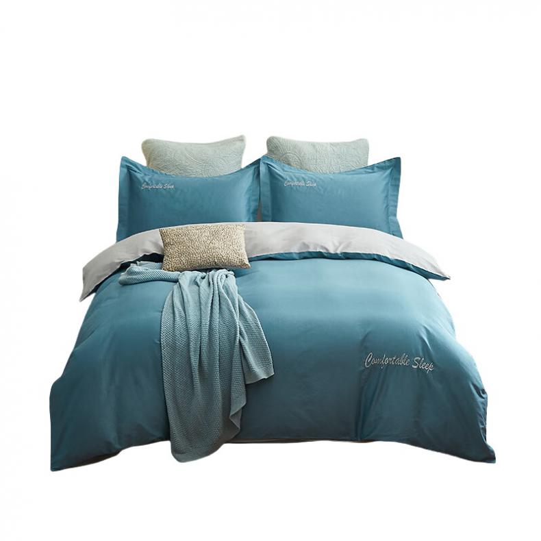 恒源祥 HYX095TJ 60S长绒棉素色双拼绣花四件套 200*230cm （单位：套）  蓝灰