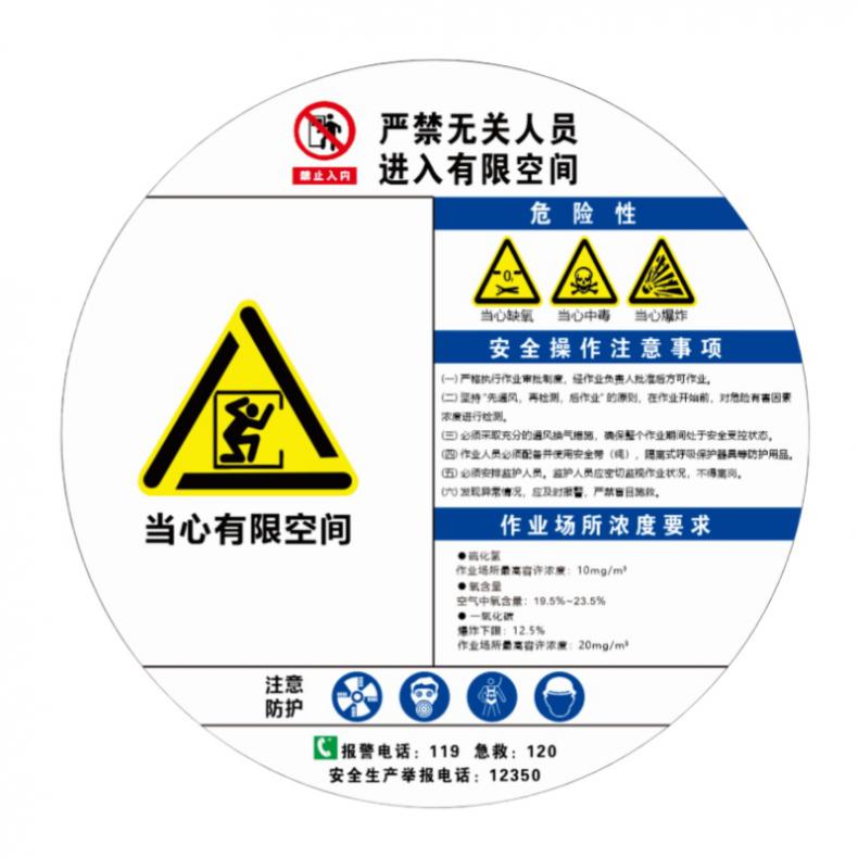 国产 当心有限空间 警示牌 直径55cm （单位：张） 5mm结皮pvc材质.UV喷印画面 