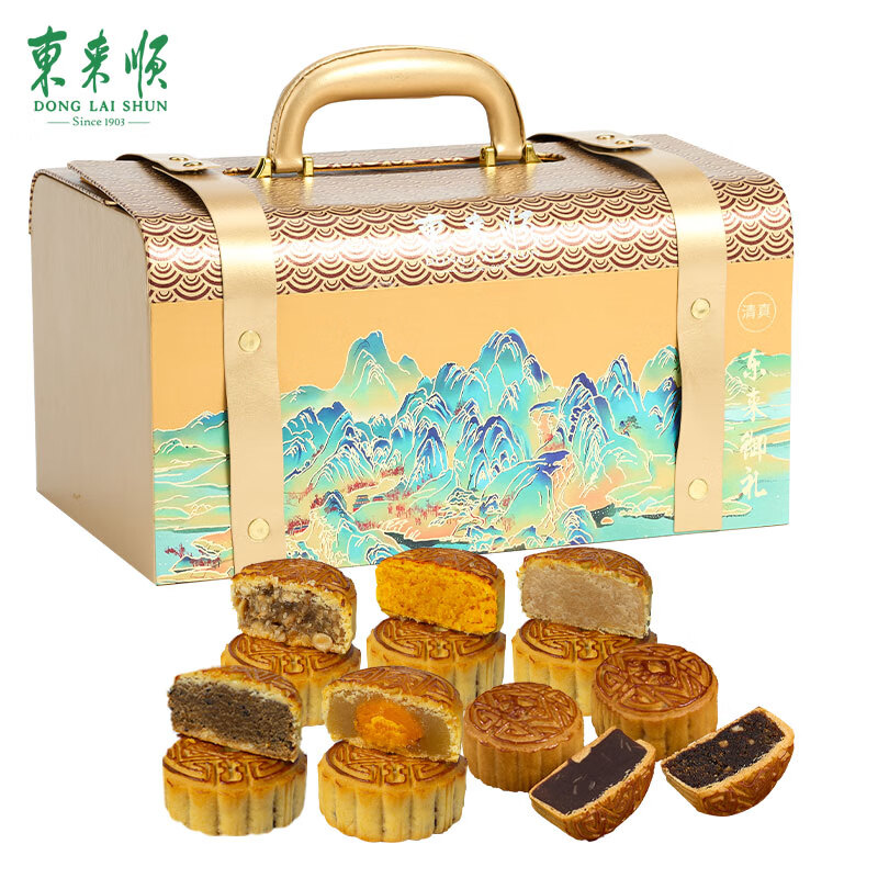 东来顺 东来御礼 月饼礼盒 1200g （单位：盒） 广式清真五仁月饼100g*2+广式枣泥核桃月饼100g*2+广式原味乳酪月饼100g*2+广式金沙奶黄月饼100g*2+广式榛仁巧克力月饼100g*2+广式香辣牛肉月饼100g+广式莲蓉蛋黄月饼100g
