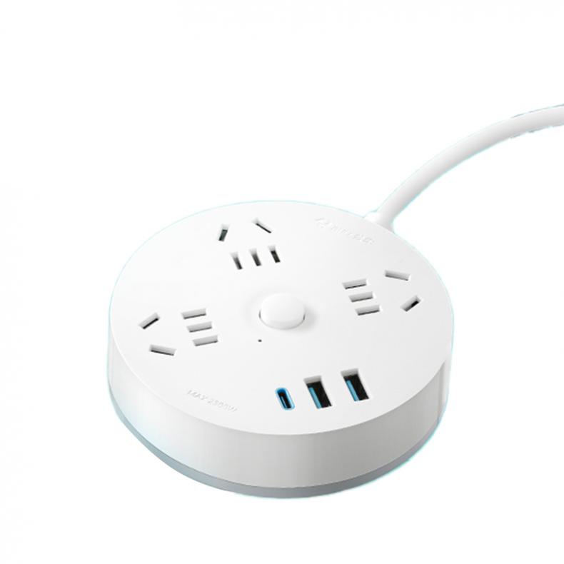 公牛（BULL） GN-R203U20 圆形延长线插座 20W快充 3位圆盘 1.8m （单位：个）  白色