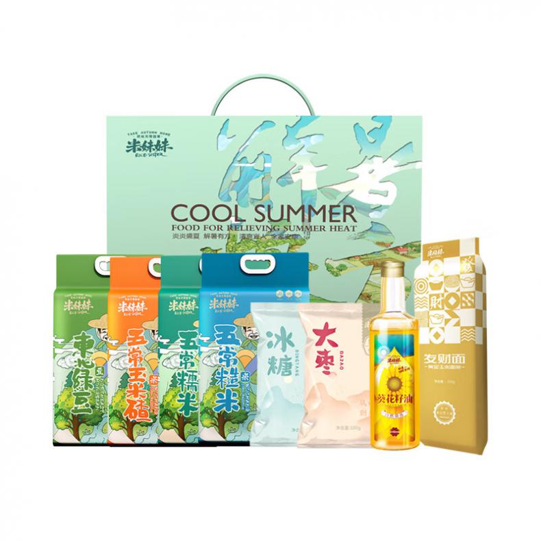 米妹妹（MIMEIMEI） 解暑粮方 八喜大礼包 4. 55kg+248ml （单位：盒） 东北绿豆1kg+五常糙米1kg+五常糯米1kg+五常玉米碴1kg+精选大枣100g+精选冰糖200g+玉米面条250g+压榨葵花籽油248ml 