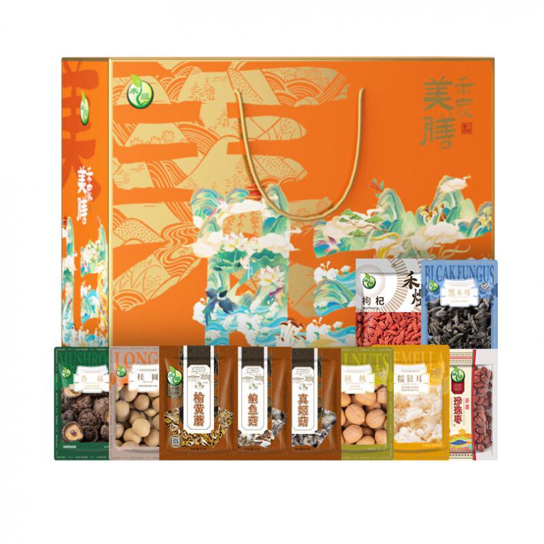 禾煜 禾家美膳 干货礼盒 1.055kg （单位：盒） 糯银耳65g+木耳50g+香菇50g+新疆珍珠枣400g+枸杞40g+小核桂圆180g+核桃90g+真姬菇60g+鲍鱼菇70g+榆黄蘑50g