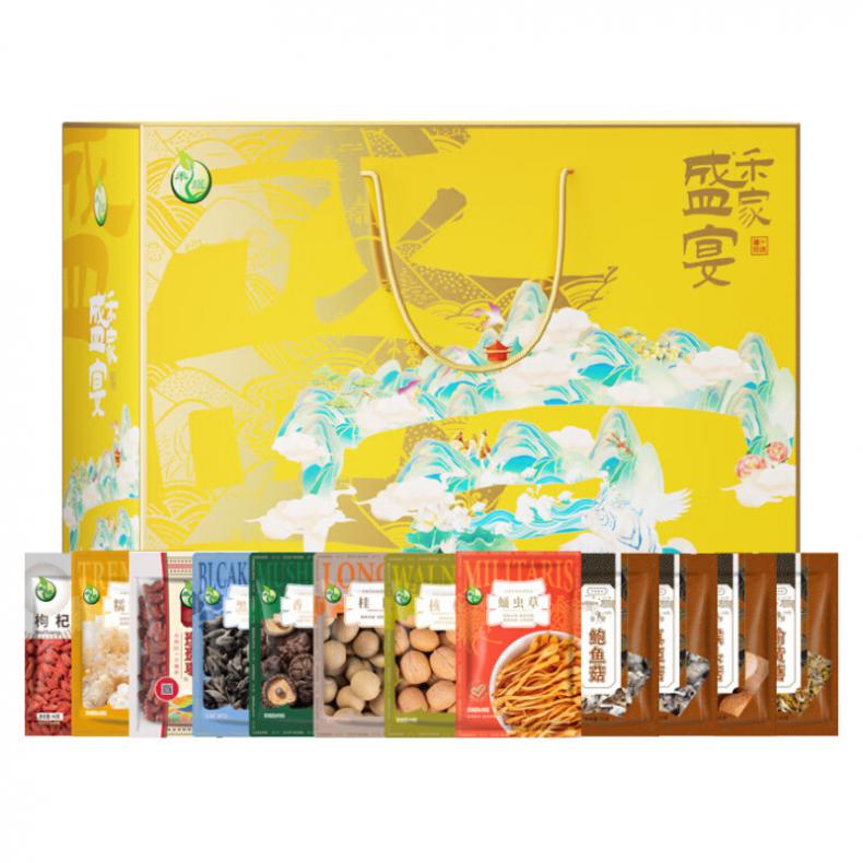 禾煜 禾家盛宴 干货礼盒 1.175kg （单位：盒） 木耳50g+香菇50g+猴头菇60g+真姬菇60g+核桃90g+鲍鱼菇70g+榆黄蘑50g+新疆珍珠枣400g+枸杞40g+小核桂圆180g+蛹虫草60g+糯银耳65g