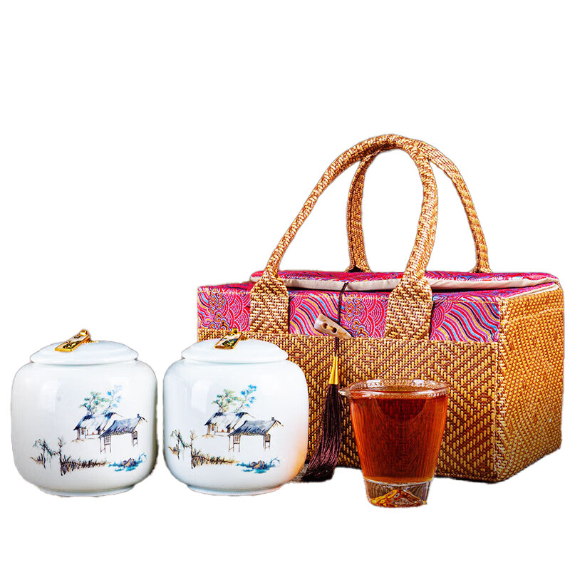 润虎 福冠如意 金骏眉武夷红茶双瓷罐礼盒 250g （单位：盒） 藤编提花织锦礼袋 