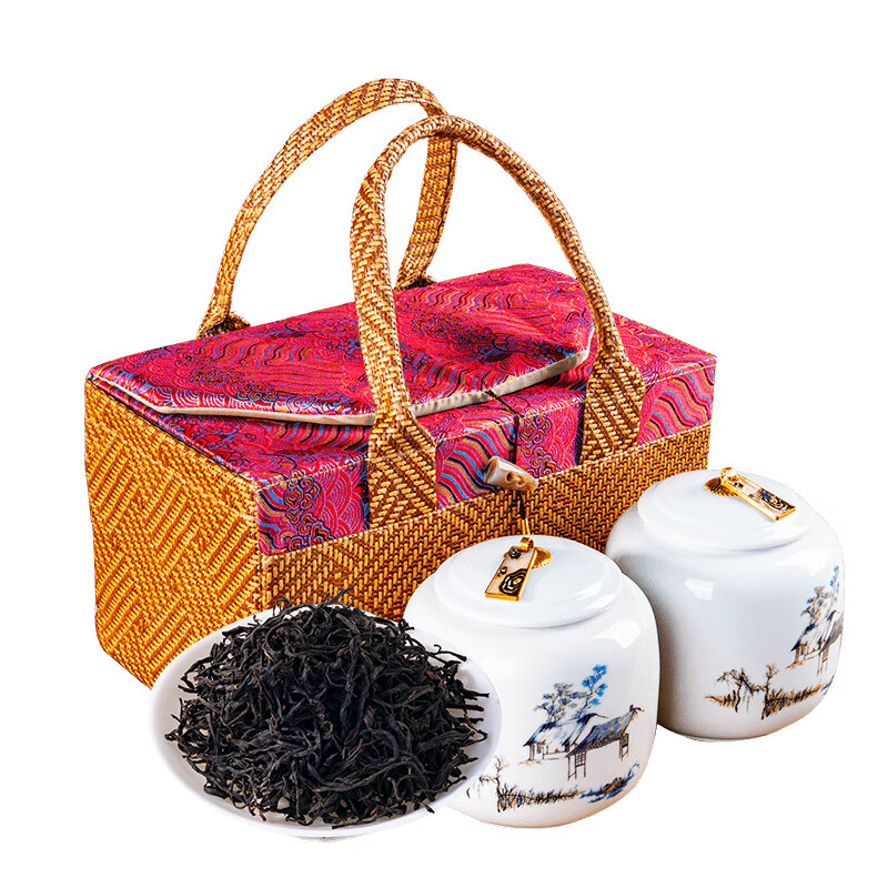 润虎 福冠如意 荒野红茶·金牡丹双瓷罐礼盒 250g （单位：盒） 藤编提花织锦礼袋 