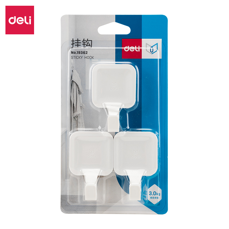 得力（deli） 19362 方形挂钩 3只/卡 （单位：卡）  白色