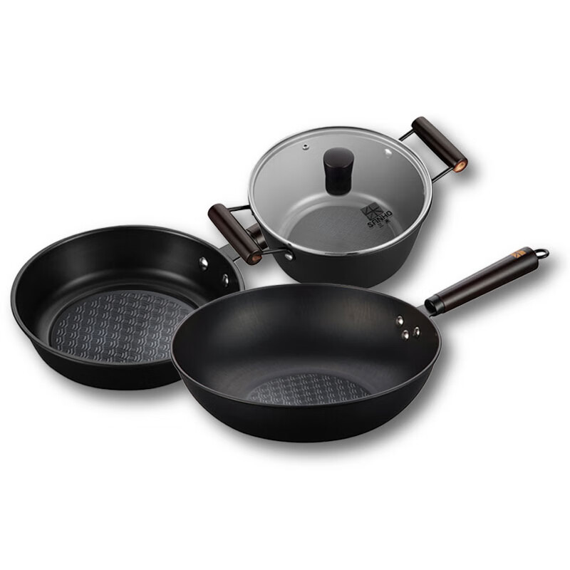 三禾（SANHO） 火焰纹 老铁锅三件套 32cm炒锅+22cm煎锅+22cm汤锅 （单位：套）  