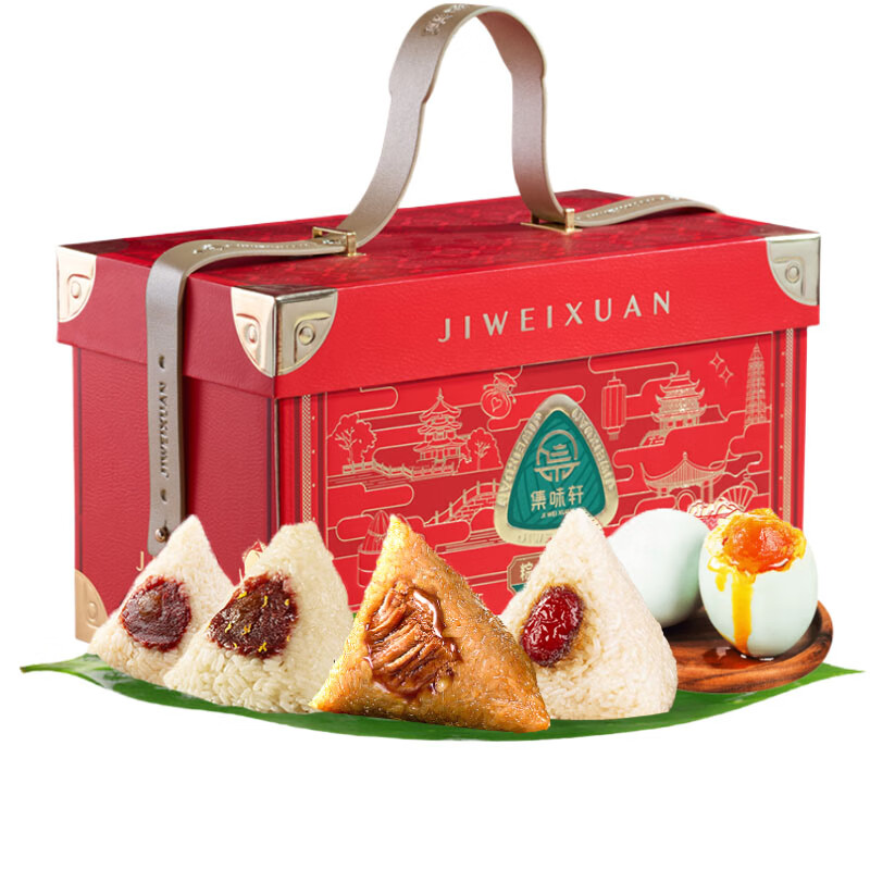 集味轩 粽情山水 粽子礼盒 1570g （单位：盒） 燕麦紫糯蛋黄鲜肉粽120g*2+剁椒鲜肉粽120g*2+紫米蜜枣粽120g*2+紫薯香粽120g*2+八宝南瓜粽120g*2+陈皮豆沙粽120g*2+咸鸭蛋65g*2 