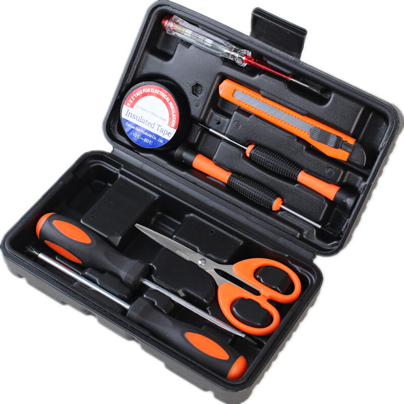 艾逸瑶选 GJ-8001-9 金刚9件精品家用工具套装 220mm*130mm*60mm （单位：套） 工具箱*1+美工刀*1+螺丝刀*2+电笔*1+精密螺丝刀*2+剪刀*1+绝缘胶布*1 新老包装随机发货 