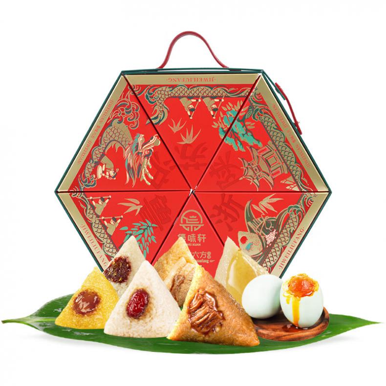 集味轩 集味六方 粽子礼盒 1550g （单位：盒） 经典鲜肉粽120g*2+高汤鲜肉粽120g*2+蜂蜜凉粽120g*2+蜂蜜15g*2+黄米蜜枣粽150g*1+桂花豆沙粽120g*2+原味红枣粽150g*1+咸鸭蛋65g*4枚 