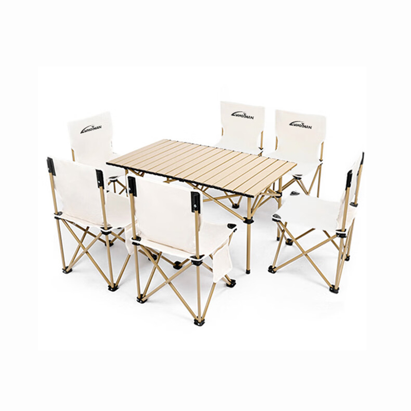 沃特曼 75467 户外折叠桌椅套装7件套 长桌95*55*50cm*1张+椅子35*35*60cm*6把 （单位：套）  米白色