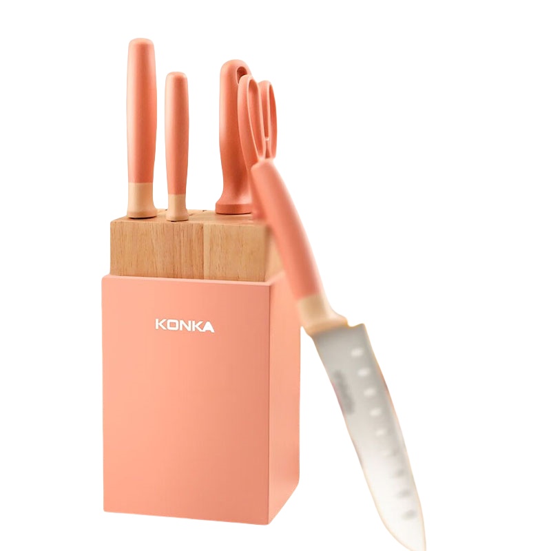 康佳（KONKA） KDJ-0601 六件套家用刀具组合 松木底座/砍切刀/三德刀/水果刀/厨房剪/磨刀棒 （单位：套）  砖红色