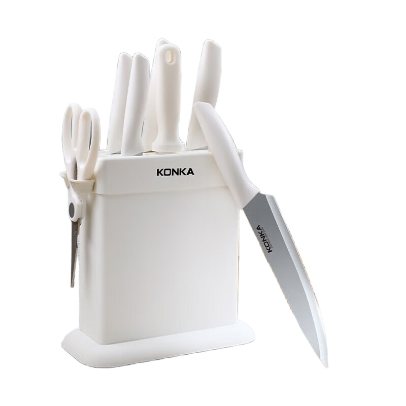 康佳（KONKA） KDJ-0802 厨房刀具套装八件套 刀座/切肉刀/面包刀/厨师刀/万用刀/果皮刀/厨房剪/磨刀棒 （单位：套）  象牙白