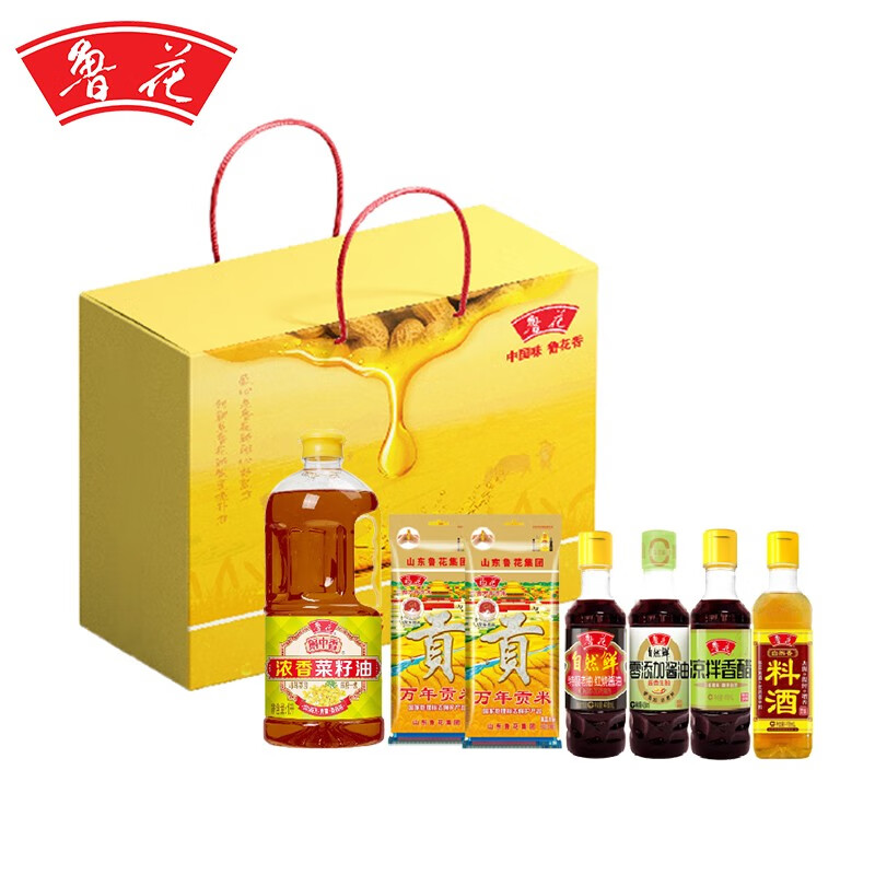 鲁花 吉祥如意 调味品礼盒E 菜籽油1L/臻品大米500g*2/酱油418ml/酱油418ml/香醋418ml/料酒418ml （单位：盒）