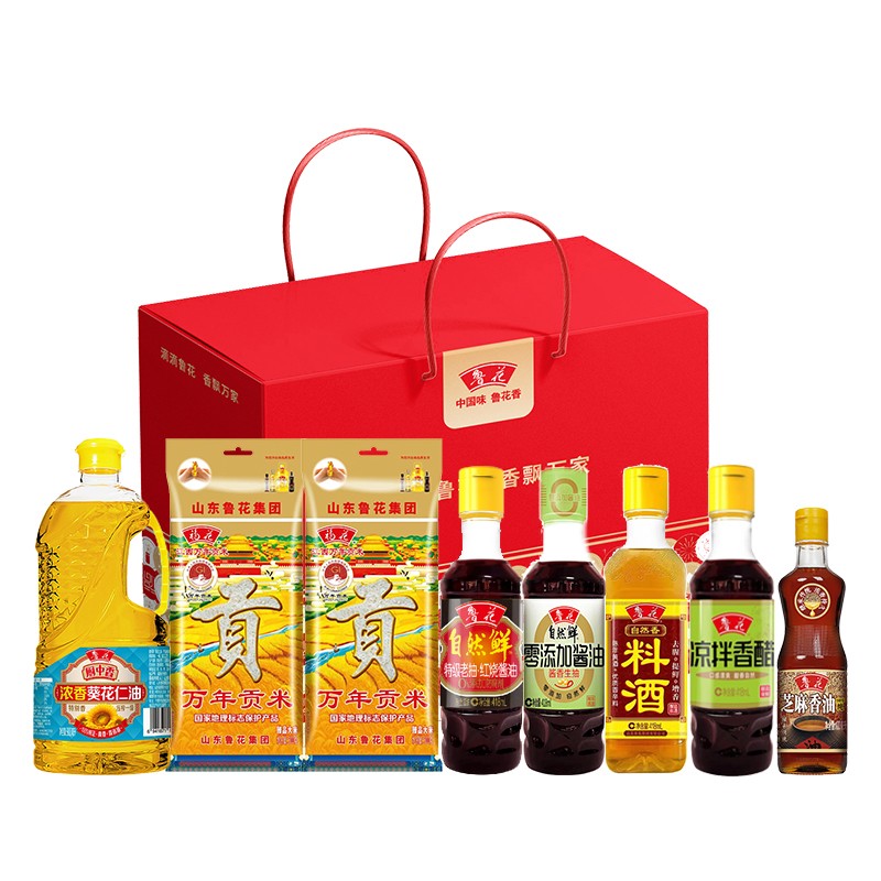 鲁花 礼盒F 吉庆有余 （单位：盒） 芝麻香油100ml/浓香葵花仁油900ML/红烧酱油418ml/料酒418ml/香醋418ml/生抽418ml/大米500g*2