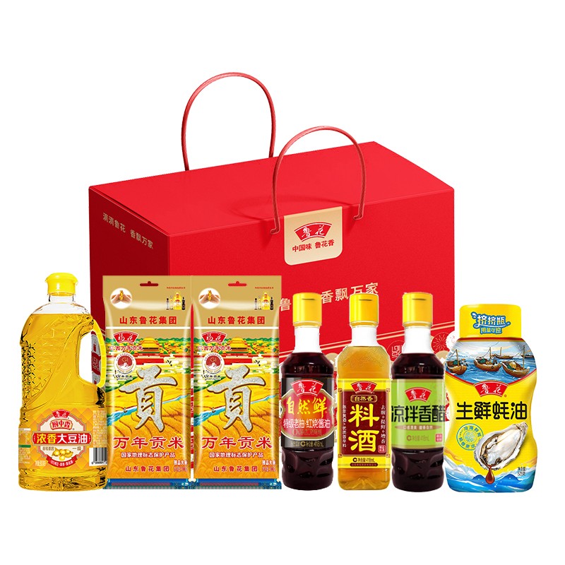 鲁花 礼盒G 吉庆有余 （单位：盒） 浓香大豆油900ML/红烧酱油418ml/料酒418ml/香醋418ml/生鲜蚝油（挤压瓶）528ml/大米500g*2