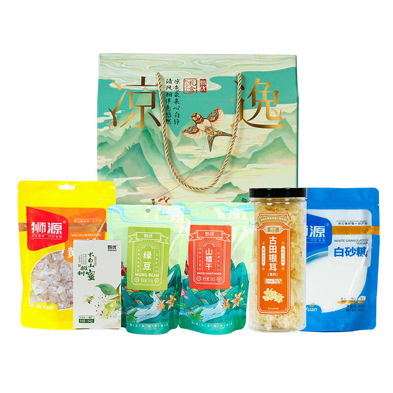 甄优 凉逸 防暑降温大礼包 6袋 （单位：盒） 精选东北绿豆400g+宁德山楂干100g+狮源白砂糖400g+福建古田银耳55g+罐狮源黄冰糖300g+长白山椴树蜜84g+凉逸精美礼箱