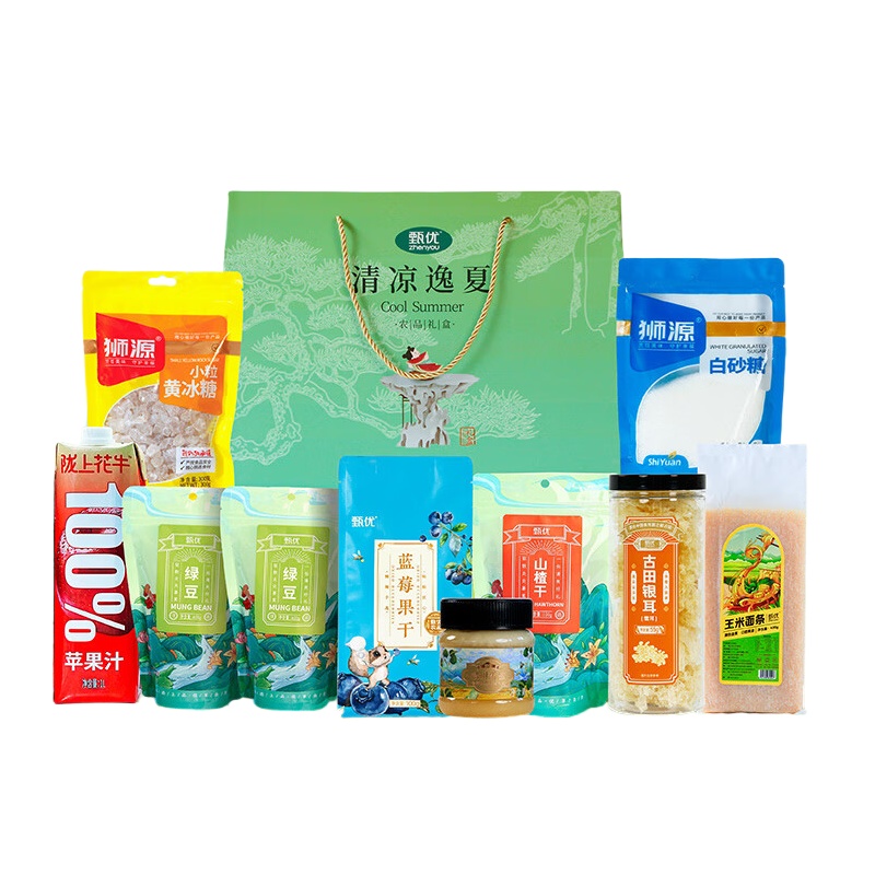 甄优 清凉逸夏 防暑降温大礼包 （单位：盒） 精选东北绿豆400g*2+陇上花牛100%苹果汁1L+长白山高寒蓝莓干100g+狮源白砂糖400g+狮源黄冰糖300g+宁德山楂干100g+福建古田银耳55g+长白山椴树雪蜜250g+玉米面条400g+清凉逸夏精美礼箱