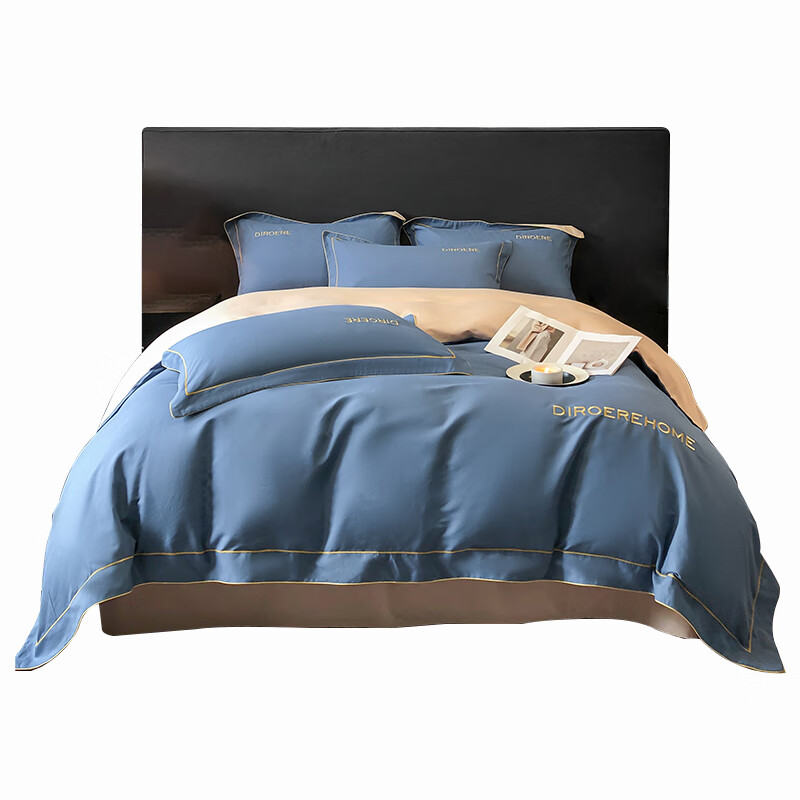 安居先森 D1537 精梳全棉宽边双人床四件套 被套200*230cm/床单245*250cm/枕套48*74cm*2 （单位：套） 蓝色