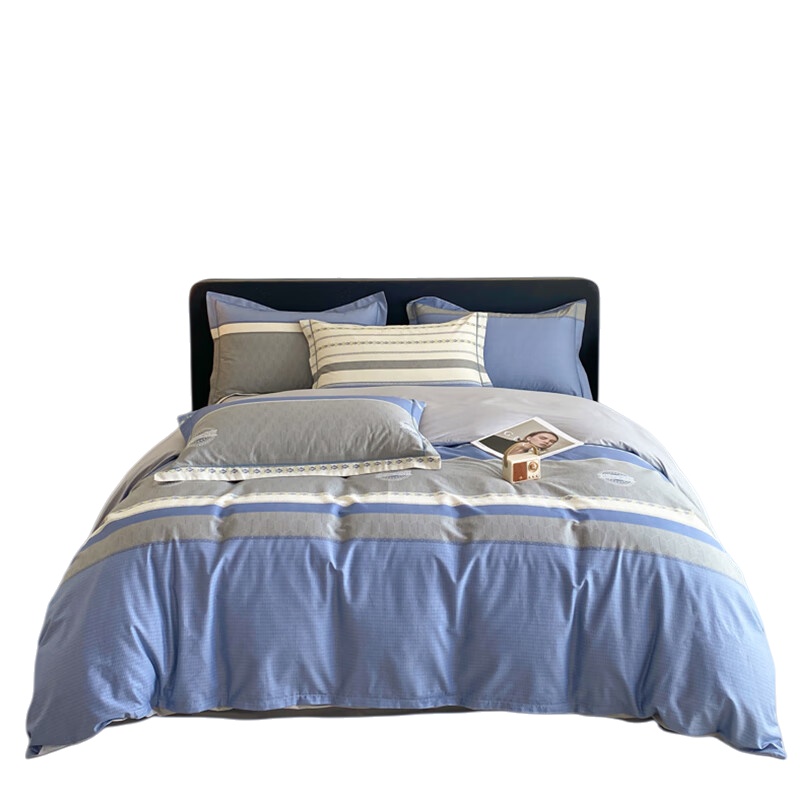 婵思 TJ0HJC02100620 阳光如梦床上四件套 220*240cm （单位：套） 蓝灰拼接条纹