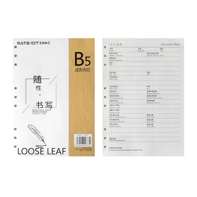 欧标（MATE-IST） B0881 活页替芯 18K 100页 5本/组 （单位：组） 白色