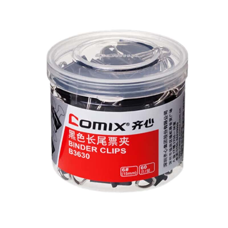齐心（Comix） B3630 强力长尾票夹 6# 15mm 60只/筒 （单位：筒） 黑色
