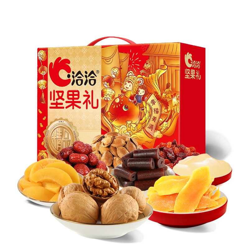 洽洽 JC1346 缤纷珍果礼盒 1.346kg （单位：盒） 纸皮核桃100g+小白杏核150g+红葡萄干208g+芒果干78g+免洗红枣120g+山楂卷200g+蒟蒻果汁果冻葡萄味120g+什锦椰果罐头370g