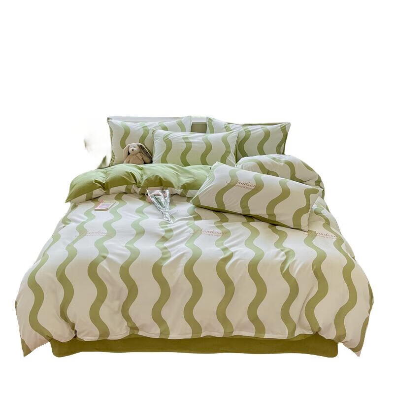 纺语柔 F1084 绿条纹床上套装 四件套 （单位：套）
