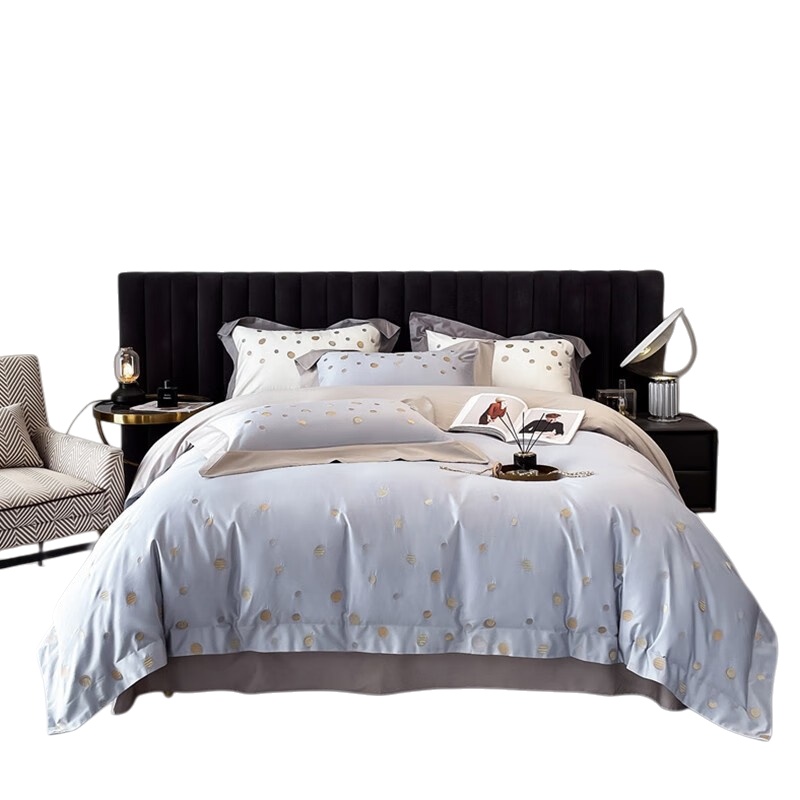 伊伊爱 DTJ0KL02201688 波点绣花140支长绒棉四件套 220*240cm （单位：套） 天蓝浅灰