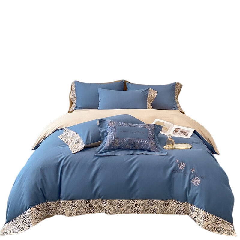 伊伊爱 TJ0HJC2201726L 纯色磨毛绣花迷蝶梦系列四件套 220*240cm （单位：套） 风暴蓝拼耀砂金