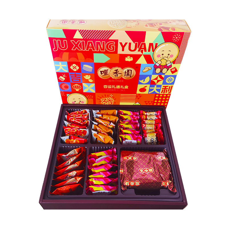 咀香园 杏运礼遇 礼盒 470g （单位：盒） 粒粒杏仁饼10g*6/腰果酥9g*6/合桃酥12g*6/鸡仔饼15g*6/曲奇饼10g*6/奶油蛋卷80g/椰蓉酥9g*6 红色