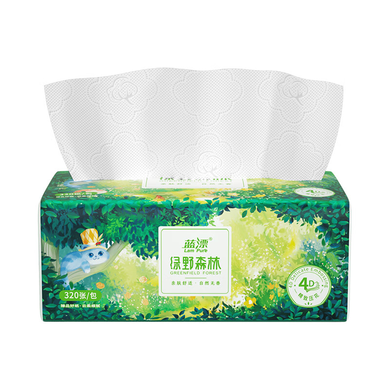 蓝漂（Lam pure） 绿野森林 4D压花加厚自然无香面巾纸抽纸 4层80抽*6包/提 （单位：提）