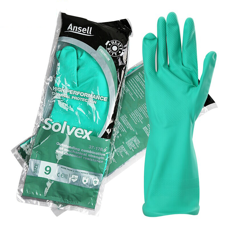 安思尔（Ansell） 37-176 亚洲版抗溶剂喷棉丁腈橡胶手套 0.38mm厚 33cm长 尺寸9 12副/组 （单位：组）  