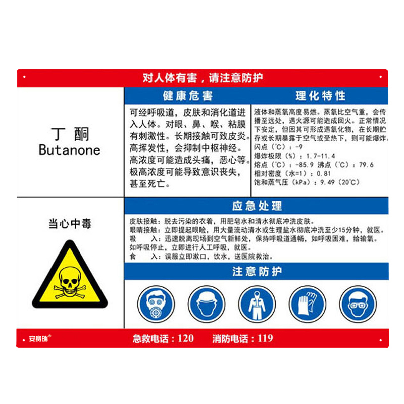 安赛瑞 14583 职业病危害告知卡 丁酮 60*45cm （单位：张） 塑料板 