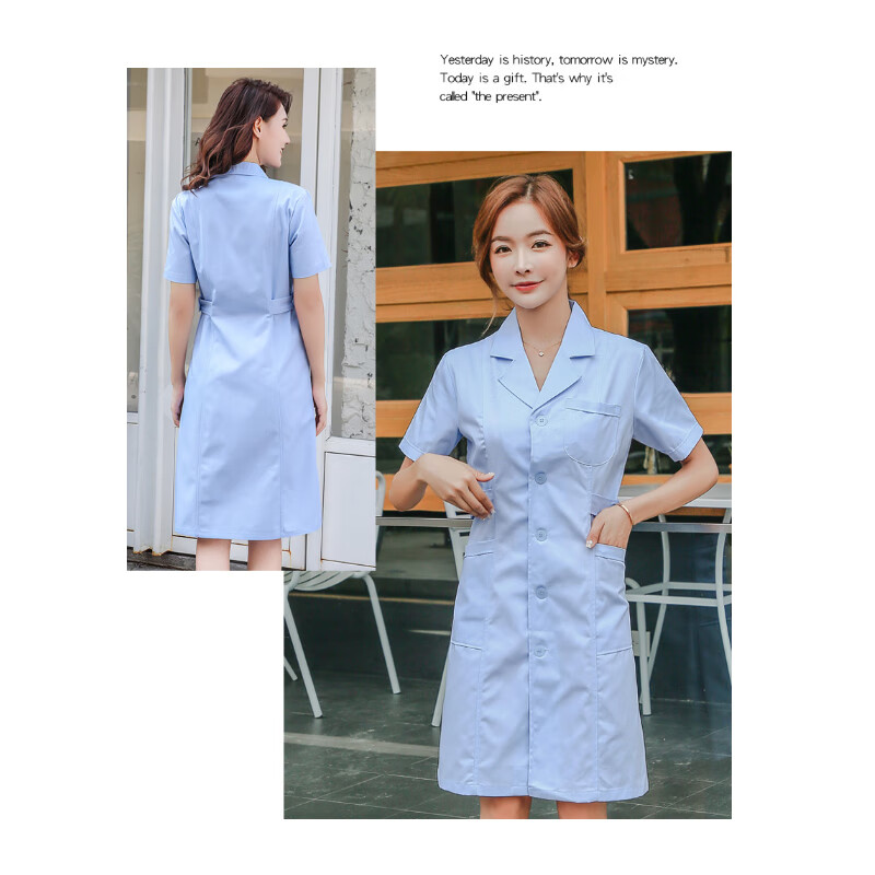 谋福 女士 长款白大褂短袖 M （单位：件）  蓝色