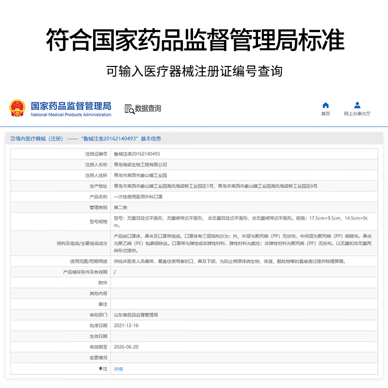 海氏海诺 一次性 医用口罩 独立包装 50只 （单位：盒）  
