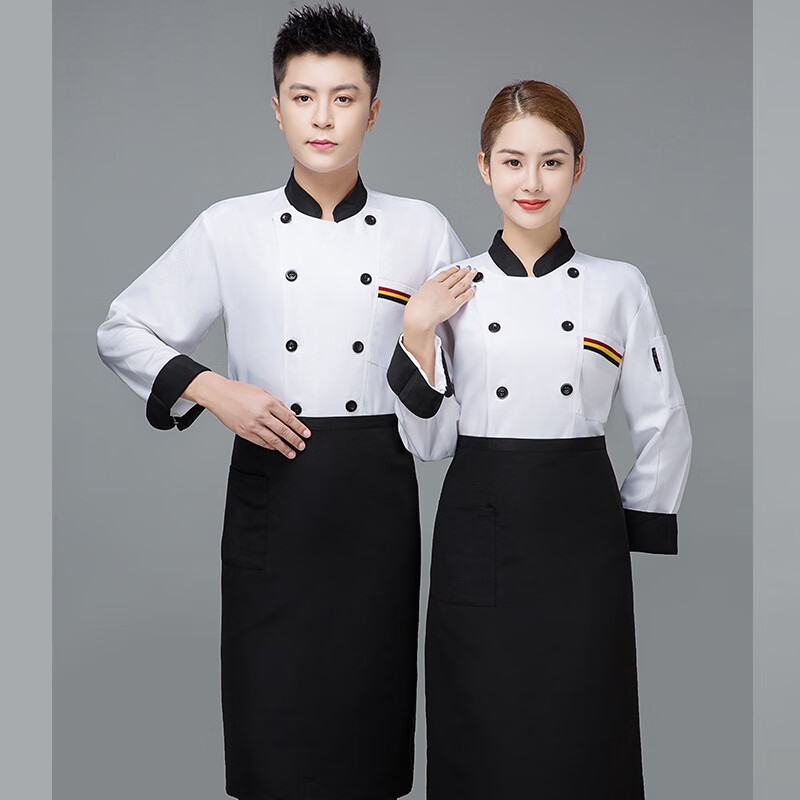 谋福 三杠长袖 厨师工作服 单上衣 2XL （单位：件）  白黑领