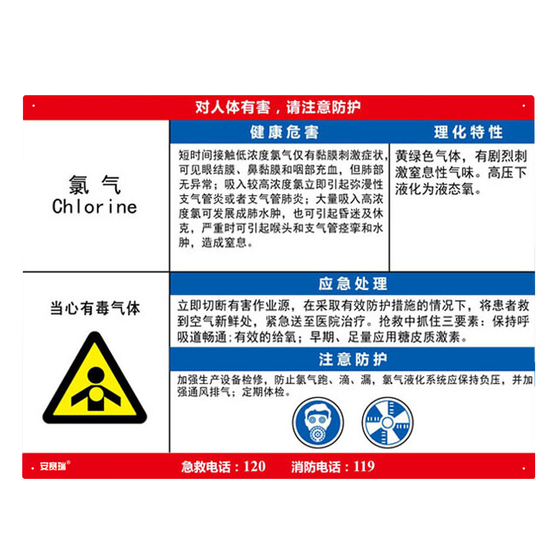安赛瑞 14590 塑料板 职业病危害告知卡 60*45cm （单位：张） 氯气 