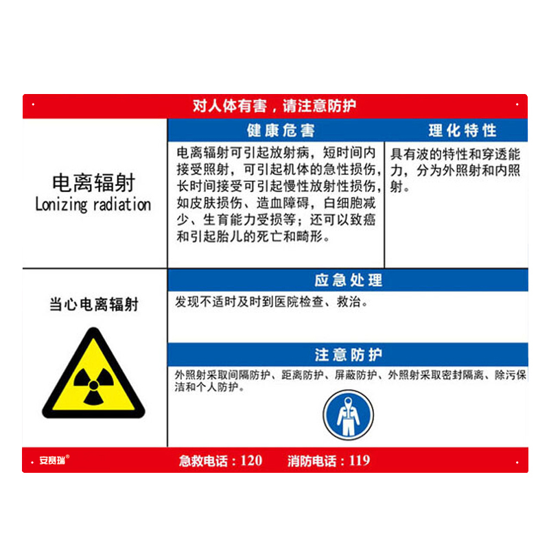 安赛瑞 14591 塑料板 职业病危害告知卡 60*45cm （单位：张） 电离辐射 